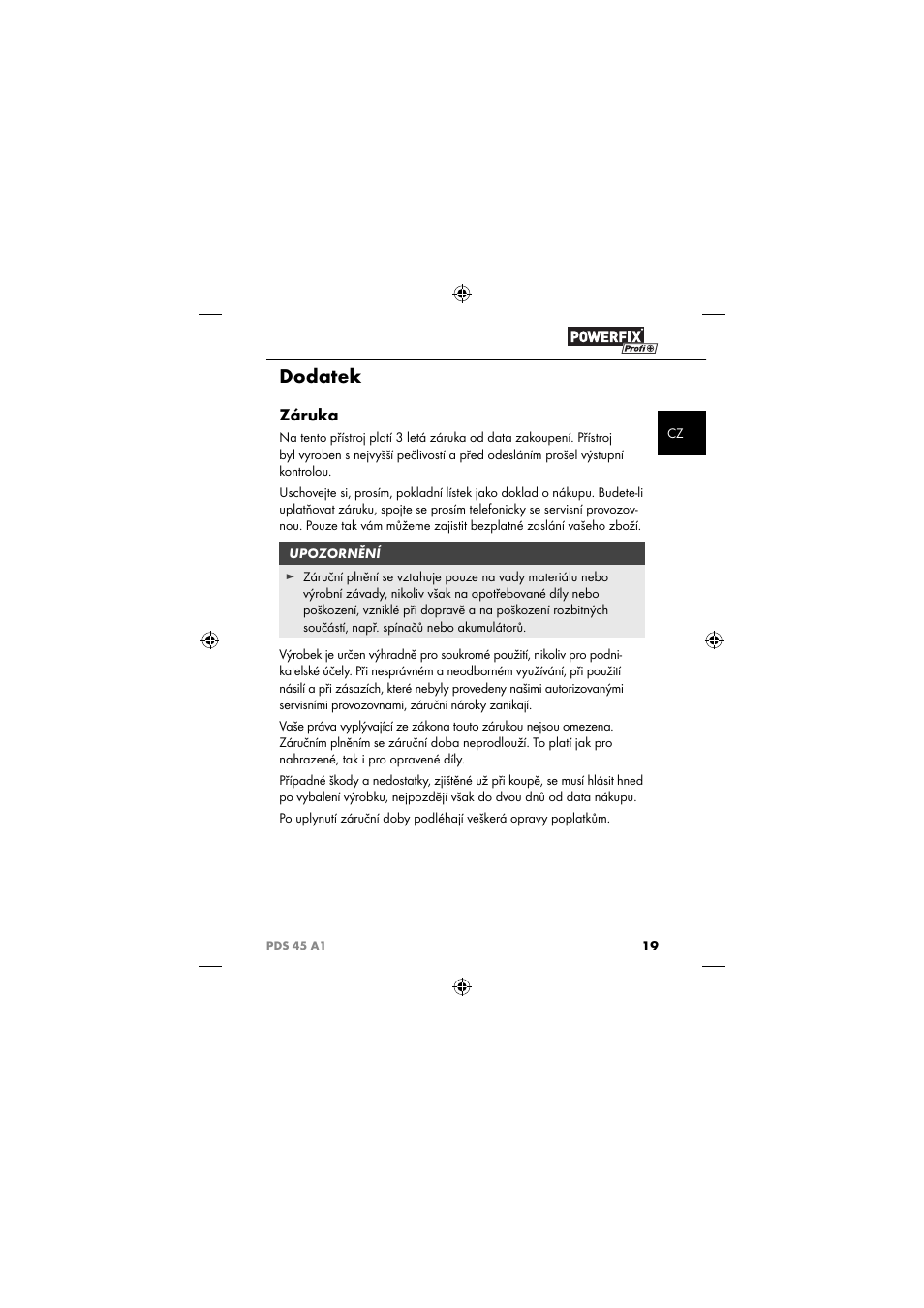 Dodatek, Záruka | Powerfix PDS 45 A1 User Manual | Page 22 / 44