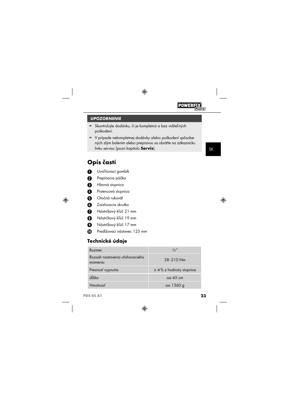 Opis častí, Technické údaje | Powerfix PDS 45 A1 User Manual | Page 26 / 44