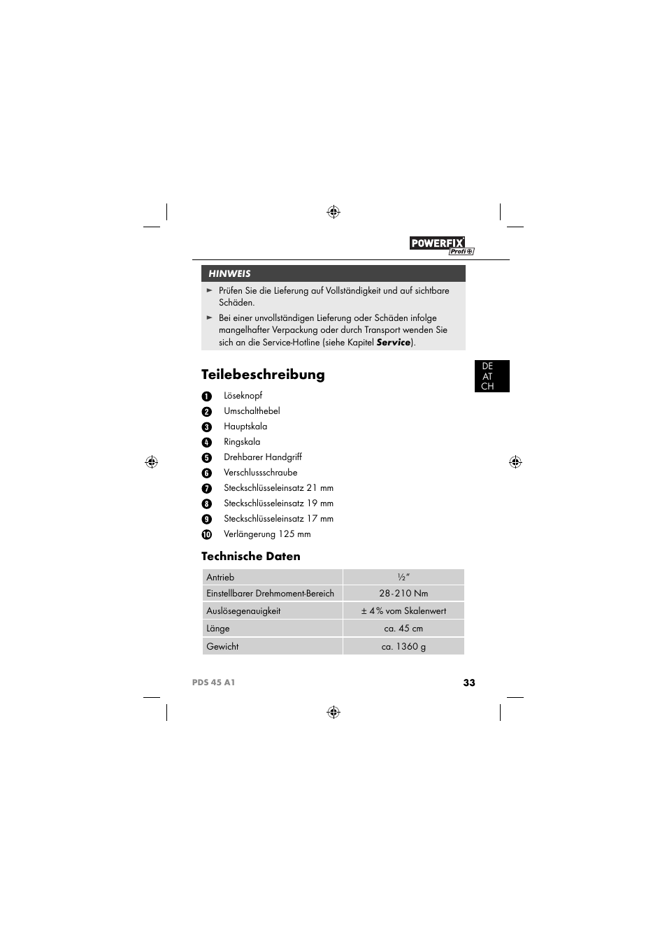 Teilebeschreibung, Technische daten | Powerfix PDS 45 A1 User Manual | Page 36 / 44