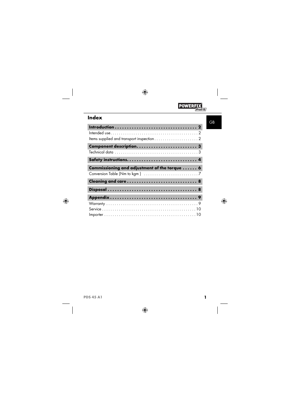 Index | Powerfix PDS 45 A1 User Manual | Page 4 / 44