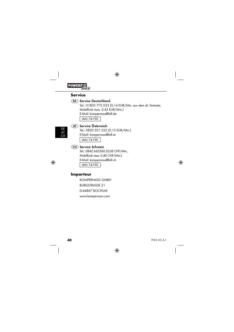 Service, Importeur | Powerfix PDS 45 A1 User Manual | Page 43 / 44