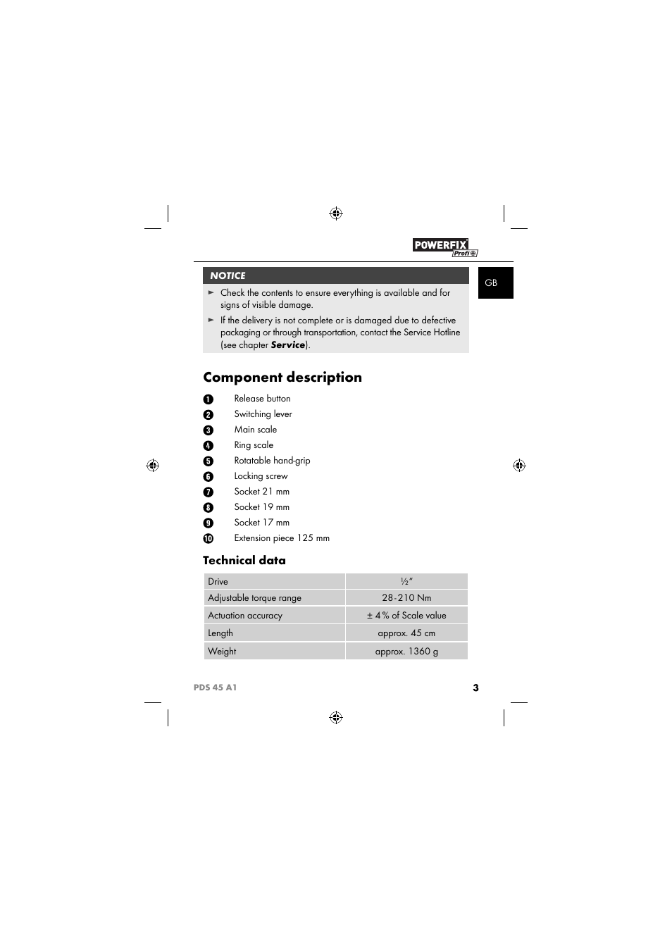 Component description, Technical data | Powerfix PDS 45 A1 User Manual | Page 6 / 44