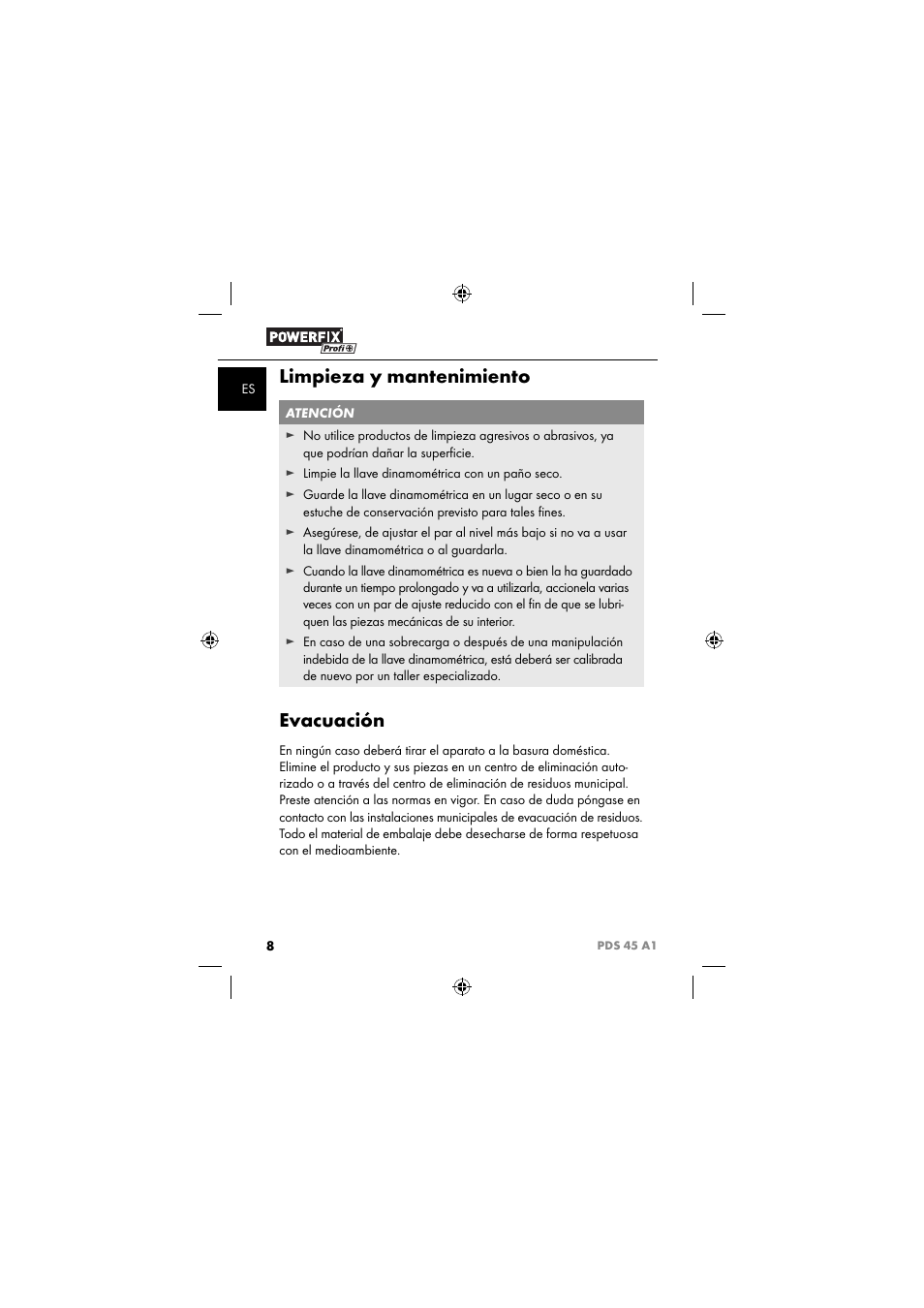 Limpieza y mantenimiento, Evacuación | Powerfix PDS 45 A1 User Manual | Page 11 / 34