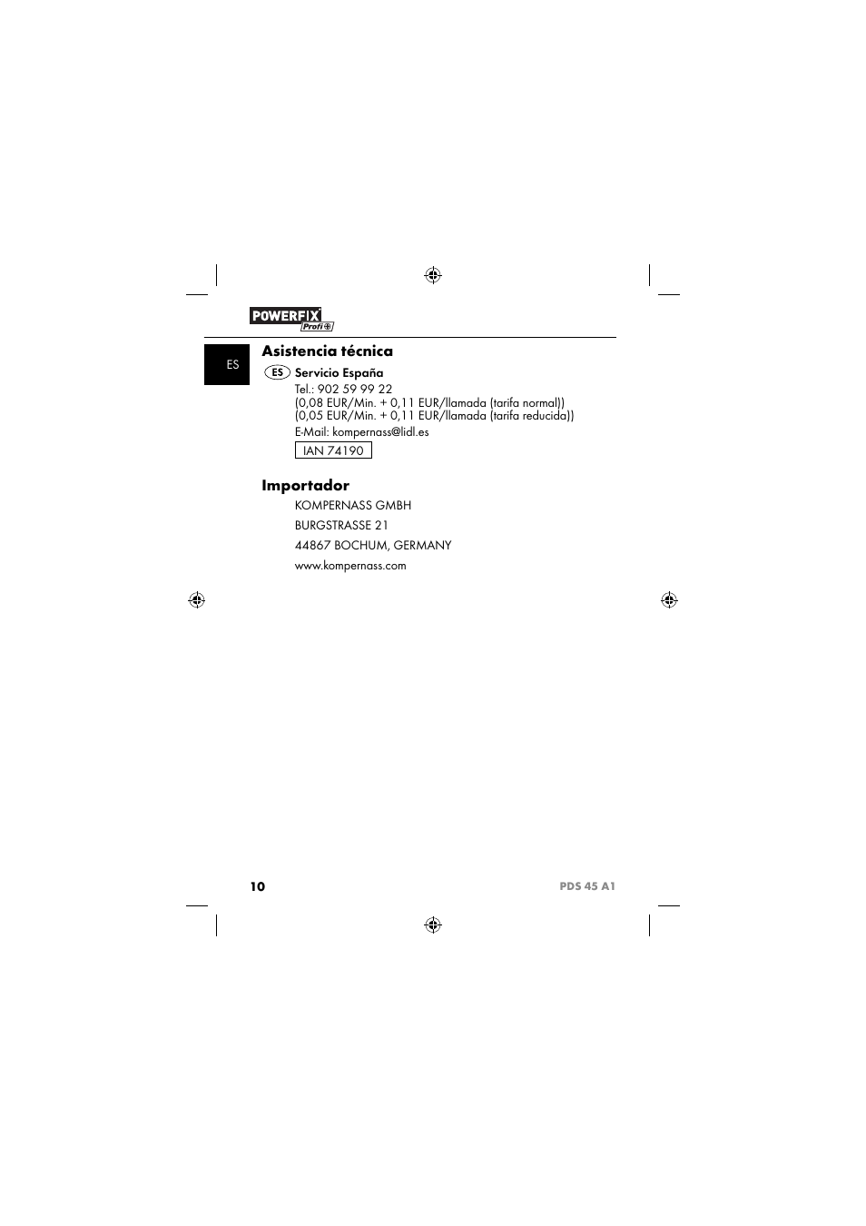 Asistencia técnica, Importador | Powerfix PDS 45 A1 User Manual | Page 13 / 34