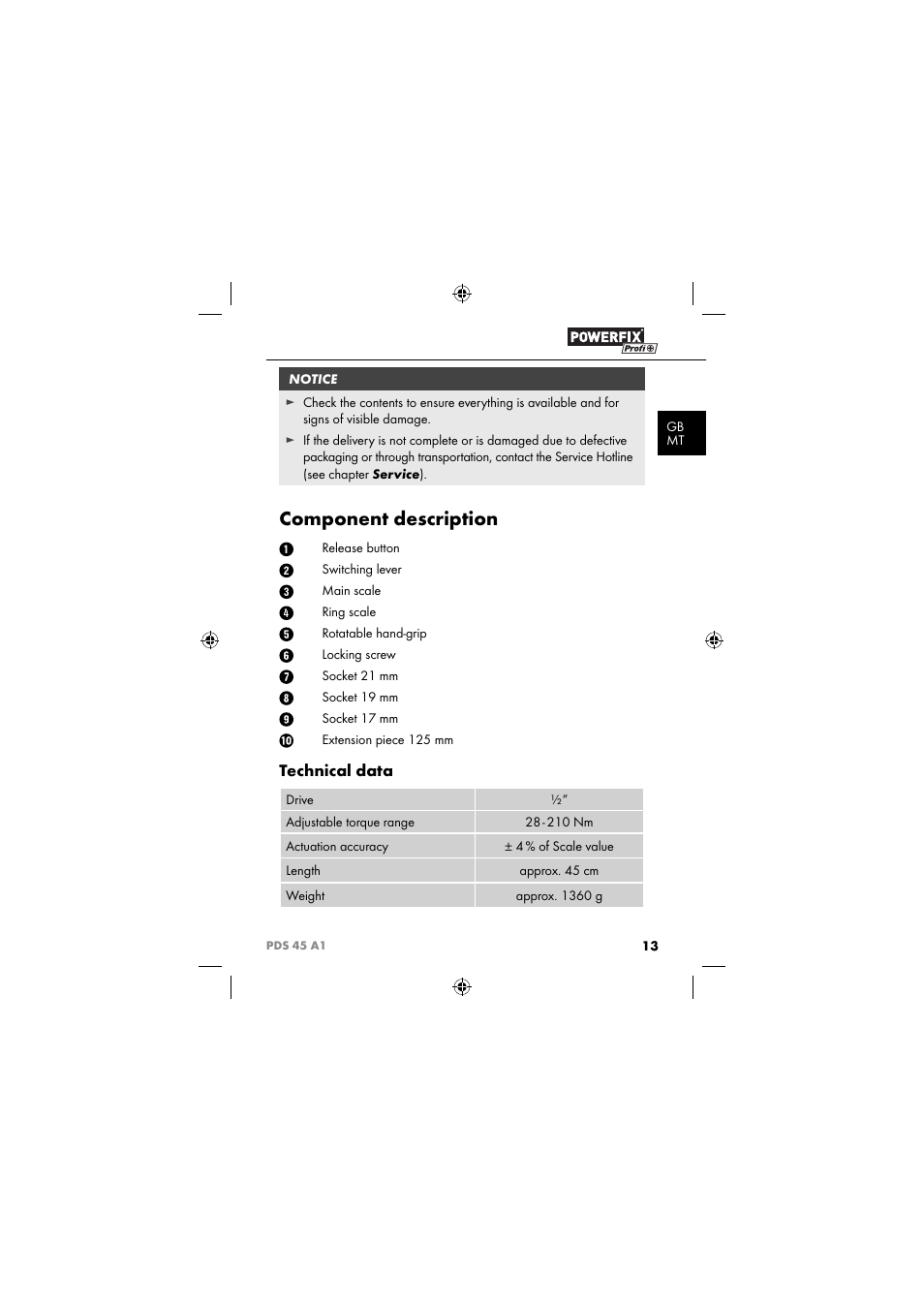 Component description, Technical data | Powerfix PDS 45 A1 User Manual | Page 16 / 34