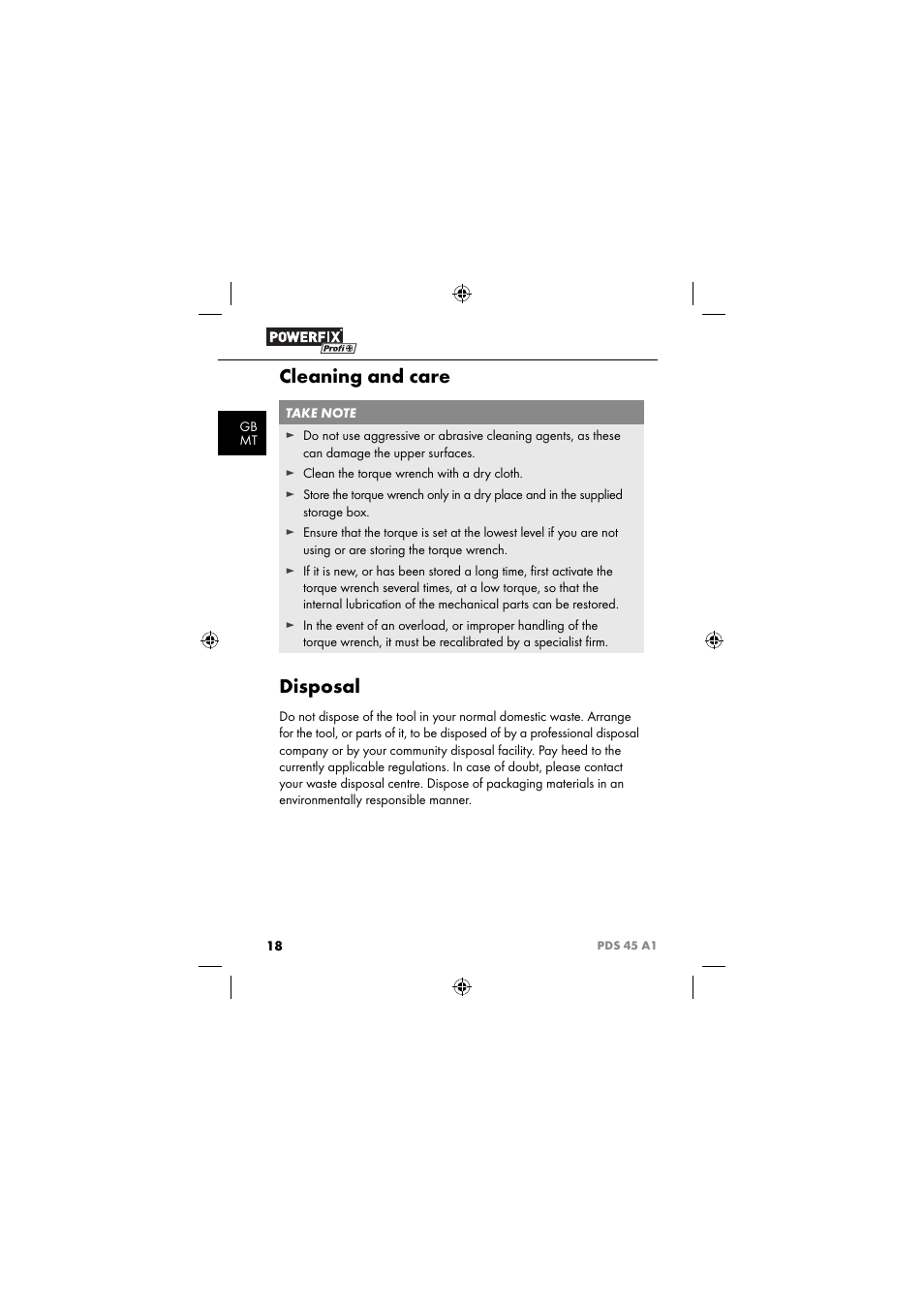 Cleaning and care, Disposal | Powerfix PDS 45 A1 User Manual | Page 21 / 34