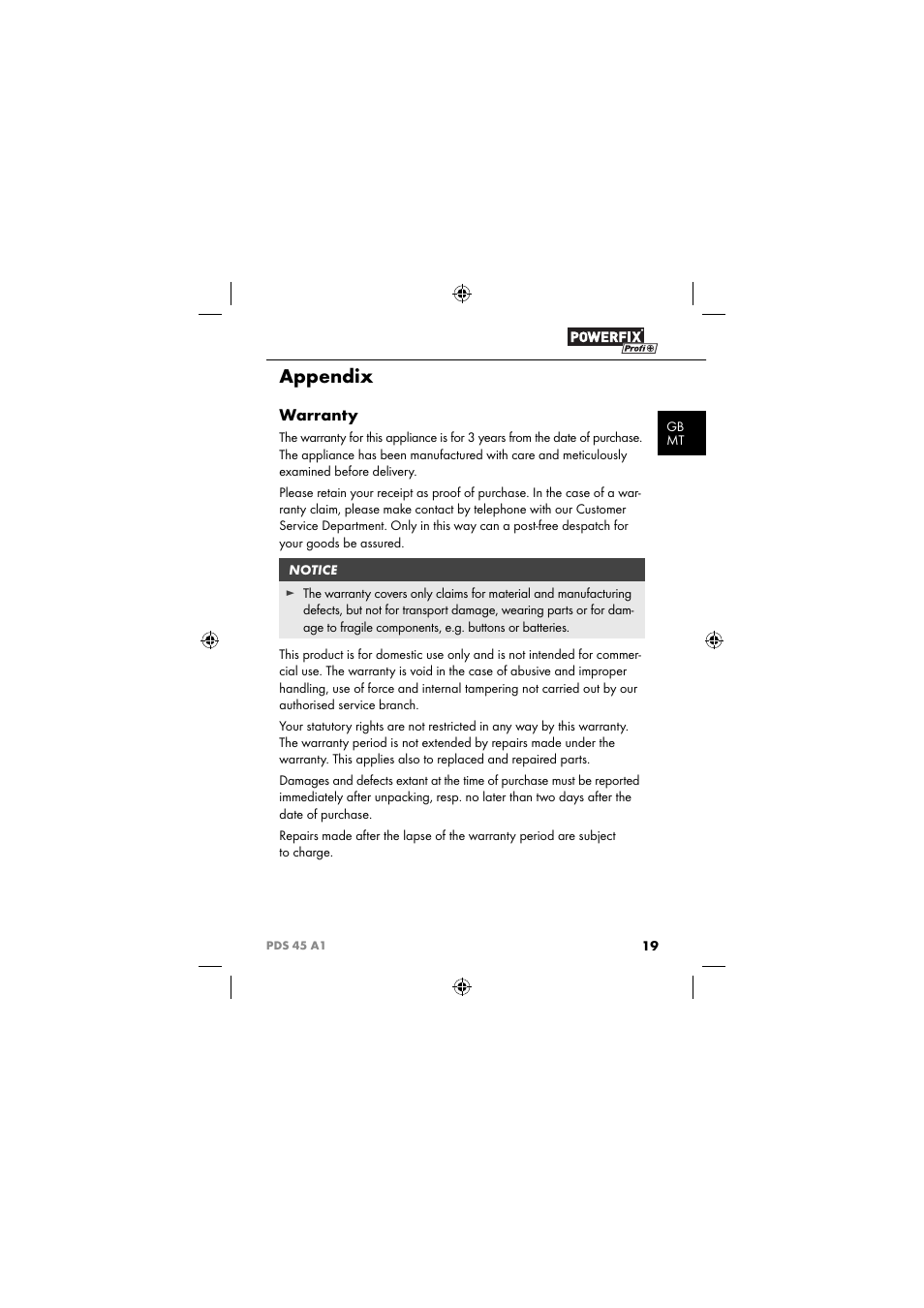 Appendix, Warranty | Powerfix PDS 45 A1 User Manual | Page 22 / 34