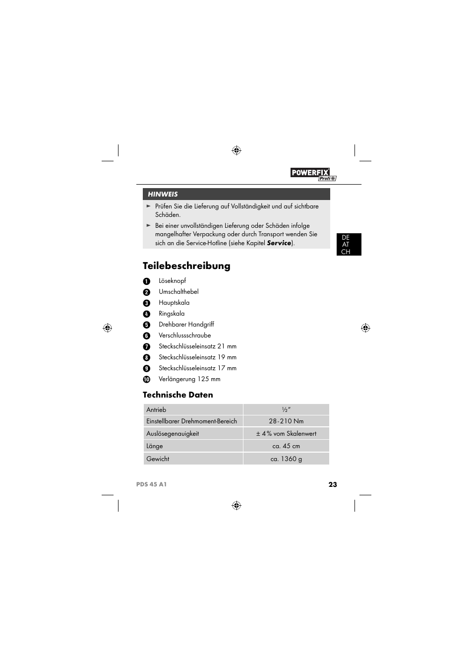 Teilebeschreibung, Technische daten | Powerfix PDS 45 A1 User Manual | Page 26 / 34