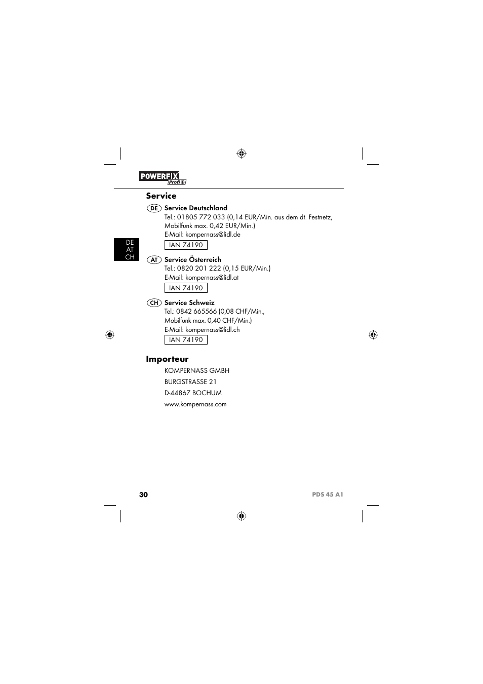 Service, Importeur | Powerfix PDS 45 A1 User Manual | Page 33 / 34