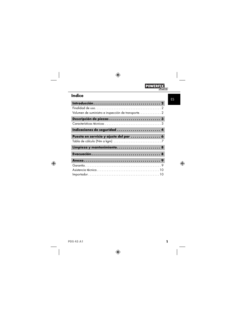 Indice | Powerfix PDS 45 A1 User Manual | Page 4 / 34