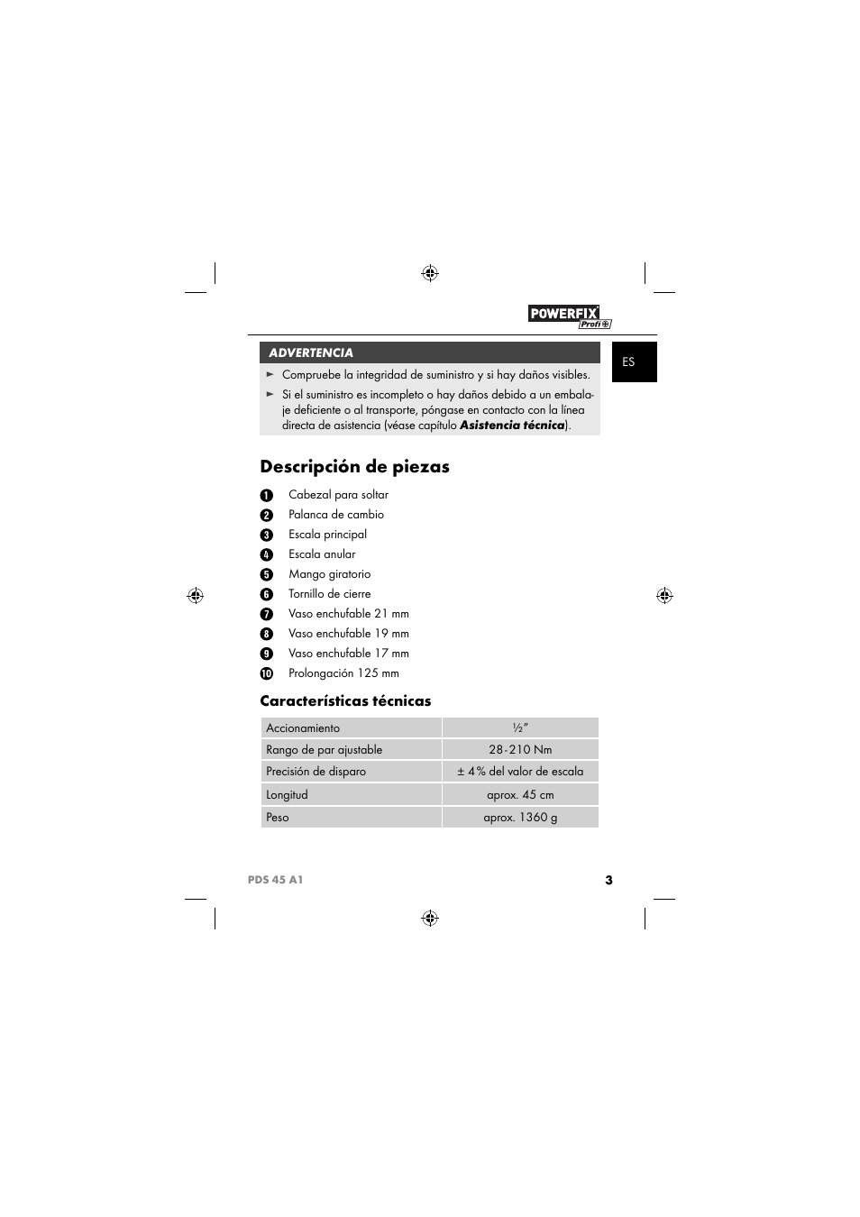 Descripción de piezas, Características técnicas | Powerfix PDS 45 A1 User Manual | Page 6 / 34