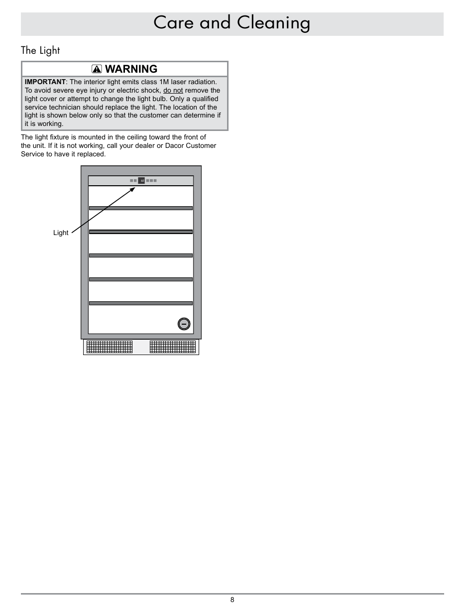 Care and cleaning, Warning, The light | Dacor WINESTEWARD EF24LWCZ1SS User Manual | Page 10 / 16