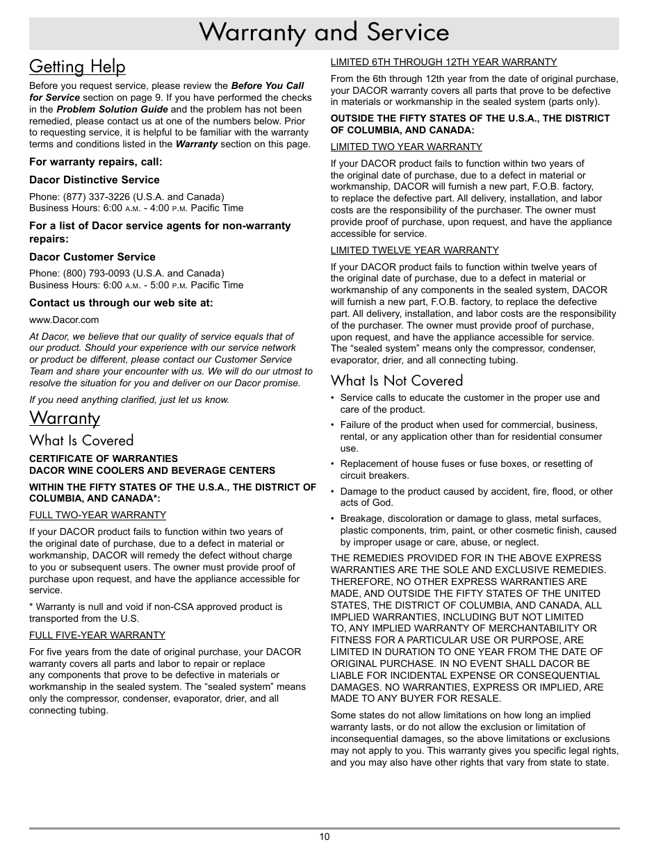 Warranty and service, Getting help, Warranty | What is not covered, What is covered | Dacor WINESTEWARD EF24LWCZ1SS User Manual | Page 12 / 16