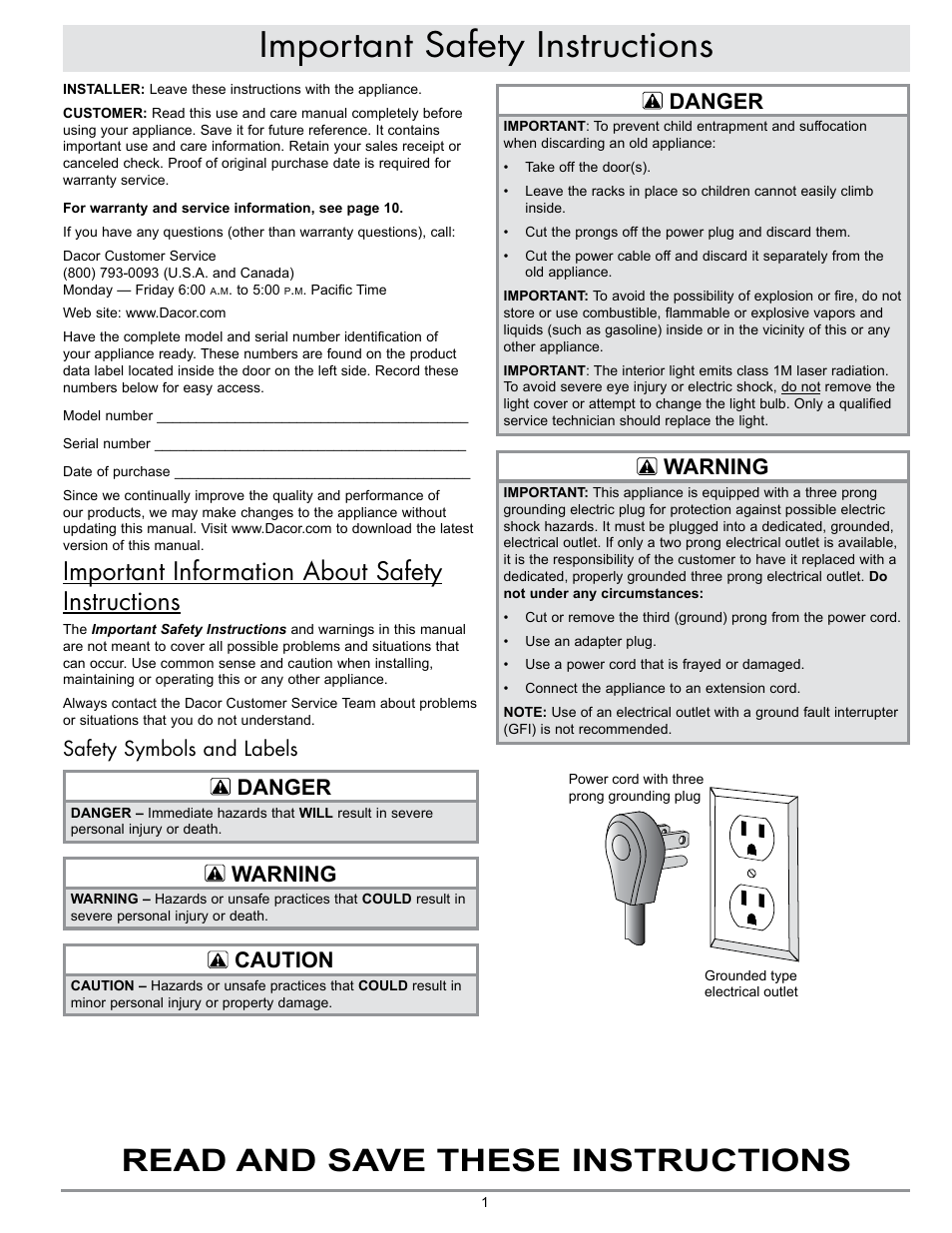 Important safety instructions, Read and save these instructions, Important information about safety instructions | Danger, Warning, Caution, Safety symbols and labels | Dacor WINESTEWARD EF24LWCZ1SS User Manual | Page 3 / 16