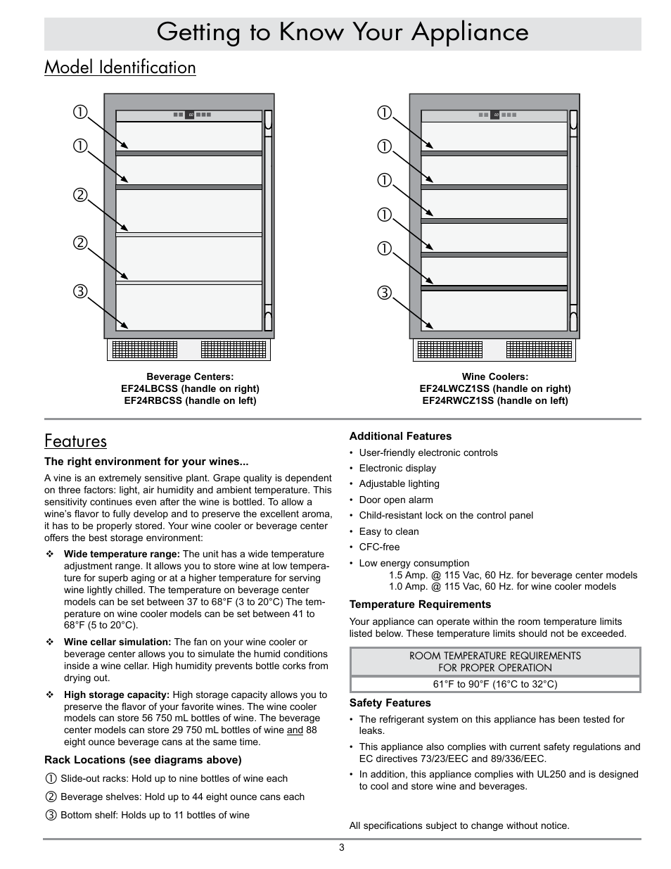 Getting to know your appliance, Model identification, Features | Dacor WINESTEWARD EF24LWCZ1SS User Manual | Page 5 / 16