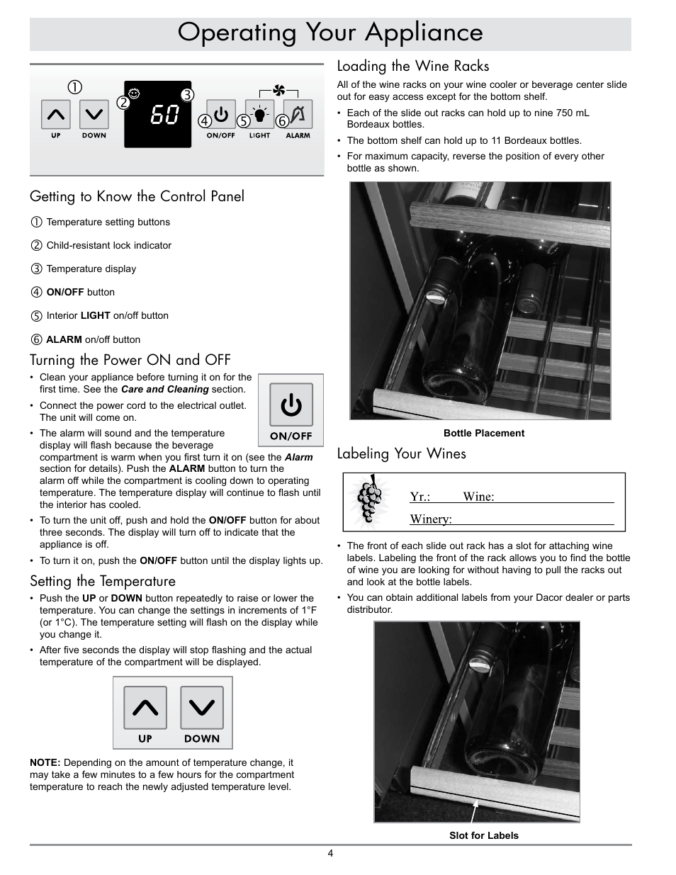 Operating your appliance, Loading the wine racks, Labeling your wines | Getting to know the control panel, Turning the power on and off, Setting the temperature | Dacor WINESTEWARD EF24LWCZ1SS User Manual | Page 6 / 16