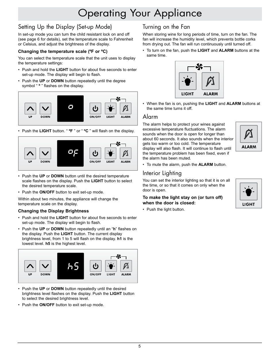 Operating your appliance, Turning on the fan, Alarm | Interior lighting, Setting up the display (set-up mode) | Dacor WINESTEWARD EF24LWCZ1SS User Manual | Page 7 / 16