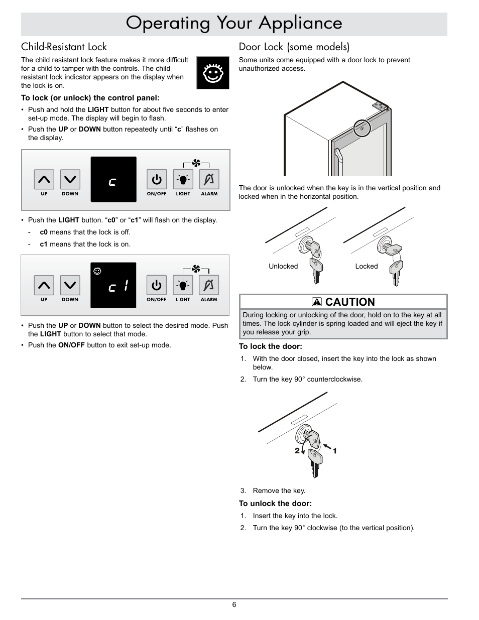 Operating your appliance, Caution, Child-resistant lock | Door lock (some models) | Dacor WINESTEWARD EF24LWCZ1SS User Manual | Page 8 / 16