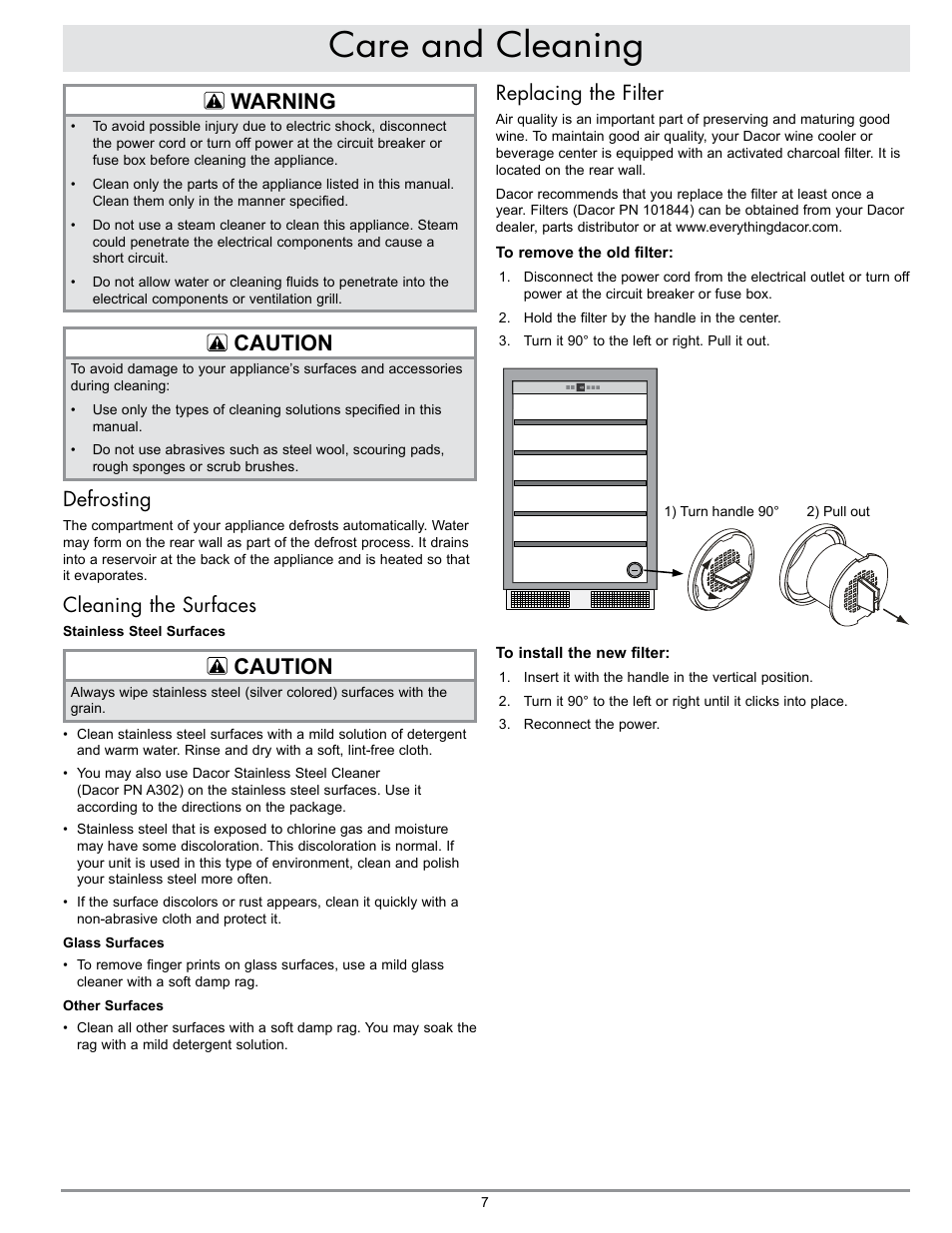 Care and cleaning, Warning, Caution | Replacing the filter, Defrosting, Cleaning the surfaces | Dacor WINESTEWARD EF24LWCZ1SS User Manual | Page 9 / 16