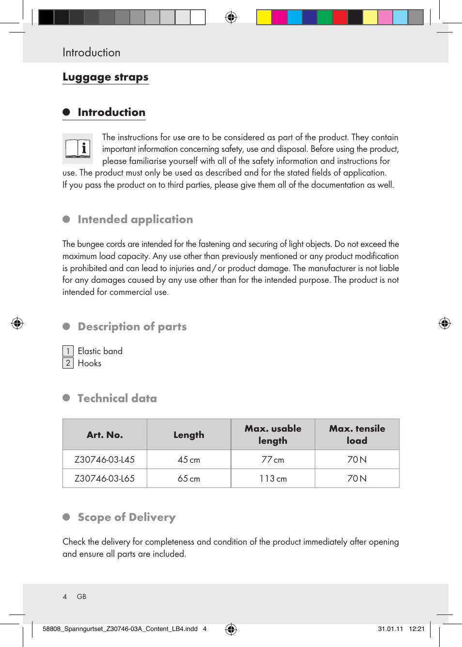 Introduction, Luggage straps, Intended application | Description of parts, Technical data, Scope of delivery | Powerfix Z30746-03 User Manual | Page 2 / 33