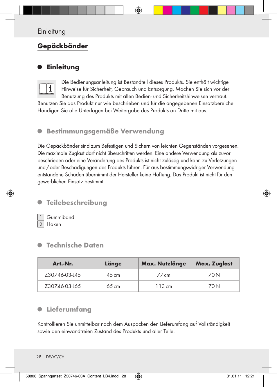 Einleitung, Gepäckbänder, Bestimmungsgemäße verwendung | Teilebeschreibung, Technische daten, Lieferumfang | Powerfix Z30746-03 User Manual | Page 26 / 33