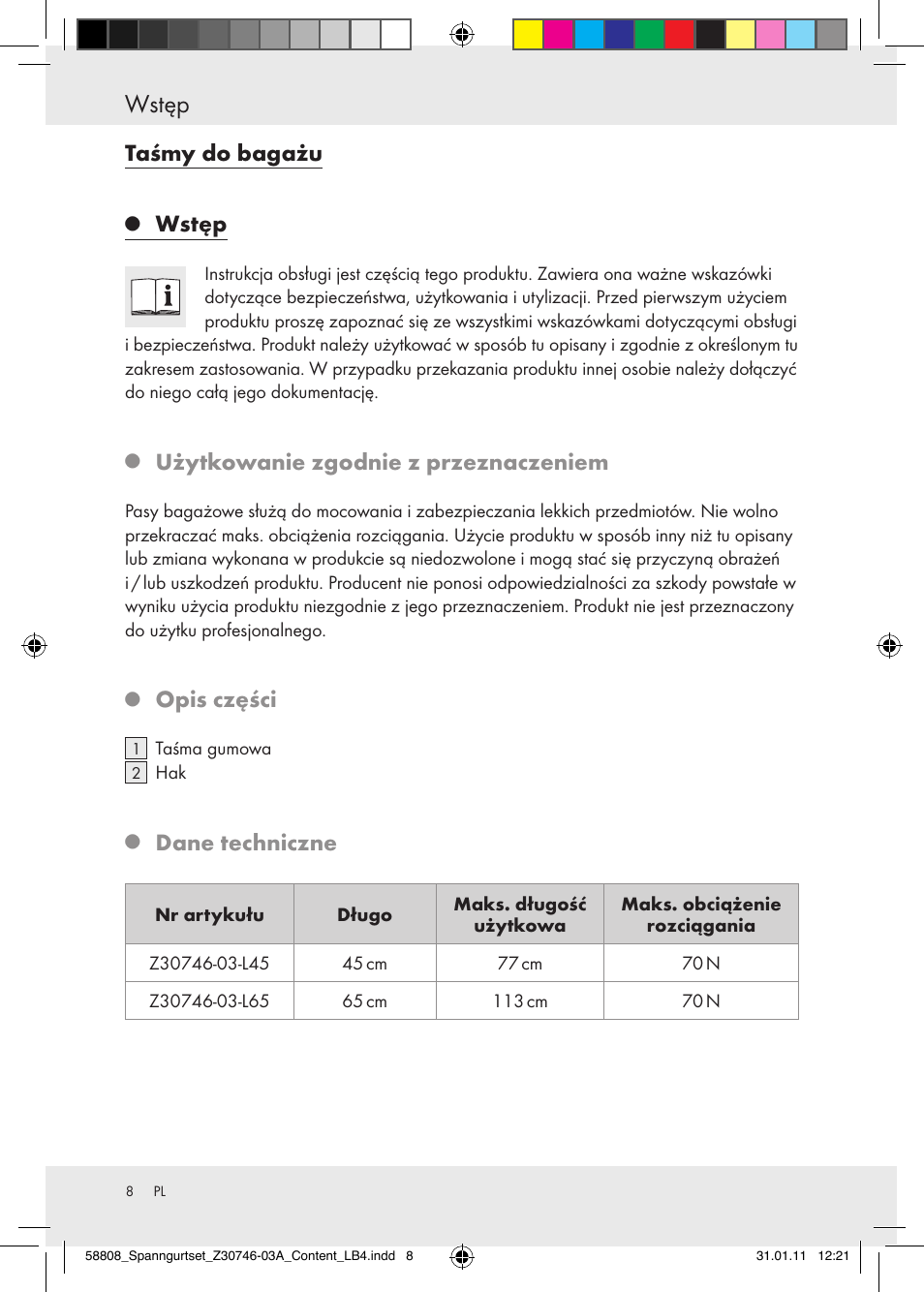 Wstęp, Taśmy do bagażu, Użytkowanie zgodnie z przeznaczeniem | Opis części, Dane techniczne | Powerfix Z30746-03 User Manual | Page 6 / 33