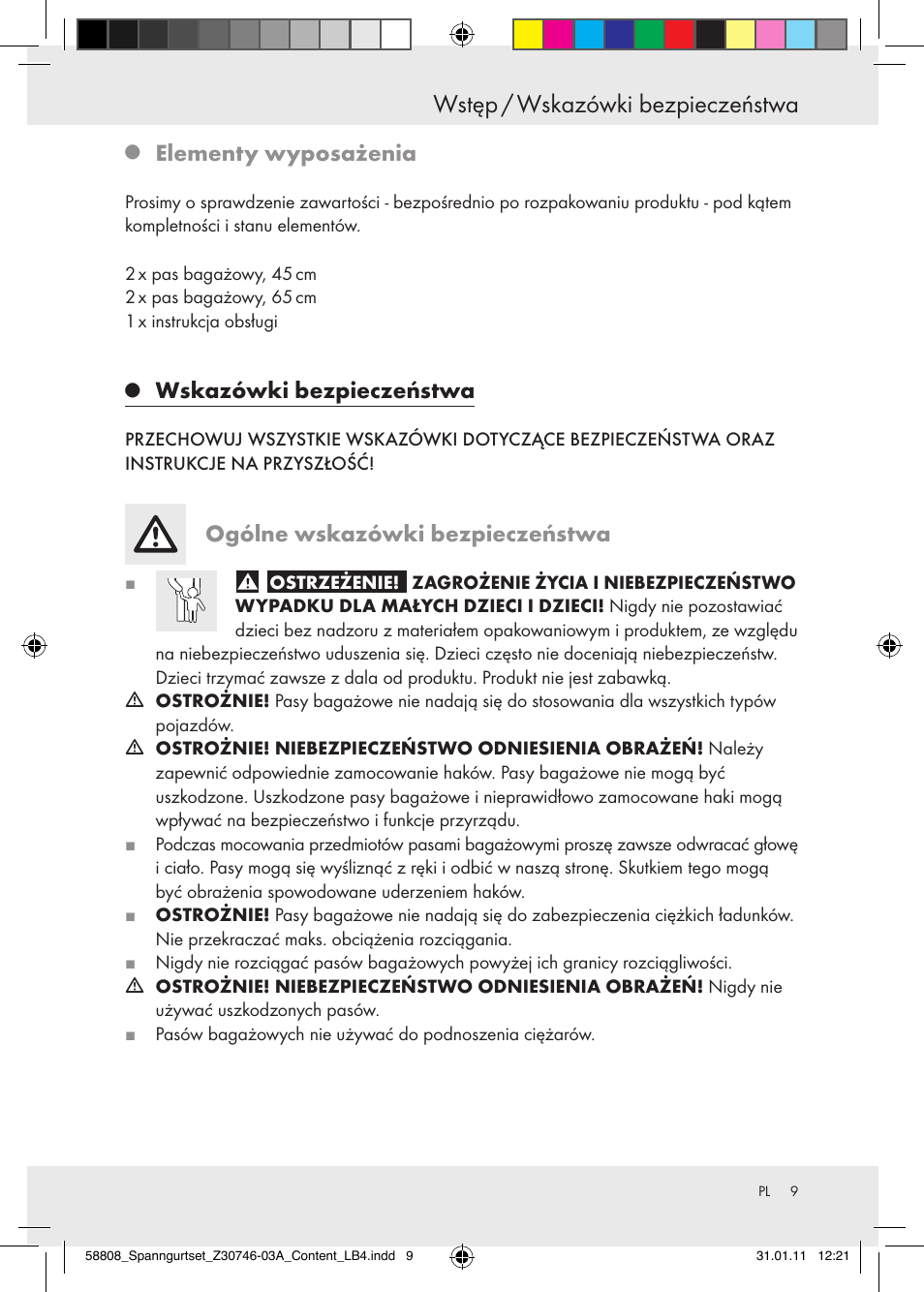 Wstęp / wskazówki bezpieczeństwa, Elementy wyposażenia, Wskazówki bezpieczeństwa | Ogólne wskazówki bezpieczeństwa | Powerfix Z30746-03 User Manual | Page 7 / 33