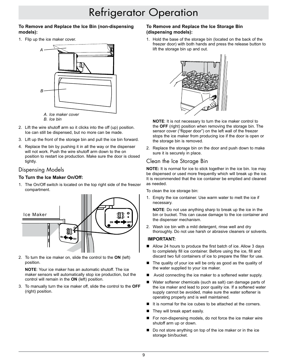 Refrigerator operation, Clean the ice storage bin, Dispensing models | Dacor EF42NBSS User Manual | Page 11 / 24