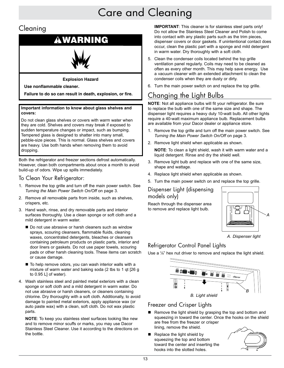 Care and cleaning, Warning, Cleaning | Changing the light bulbs | Dacor EF42NBSS User Manual | Page 15 / 24