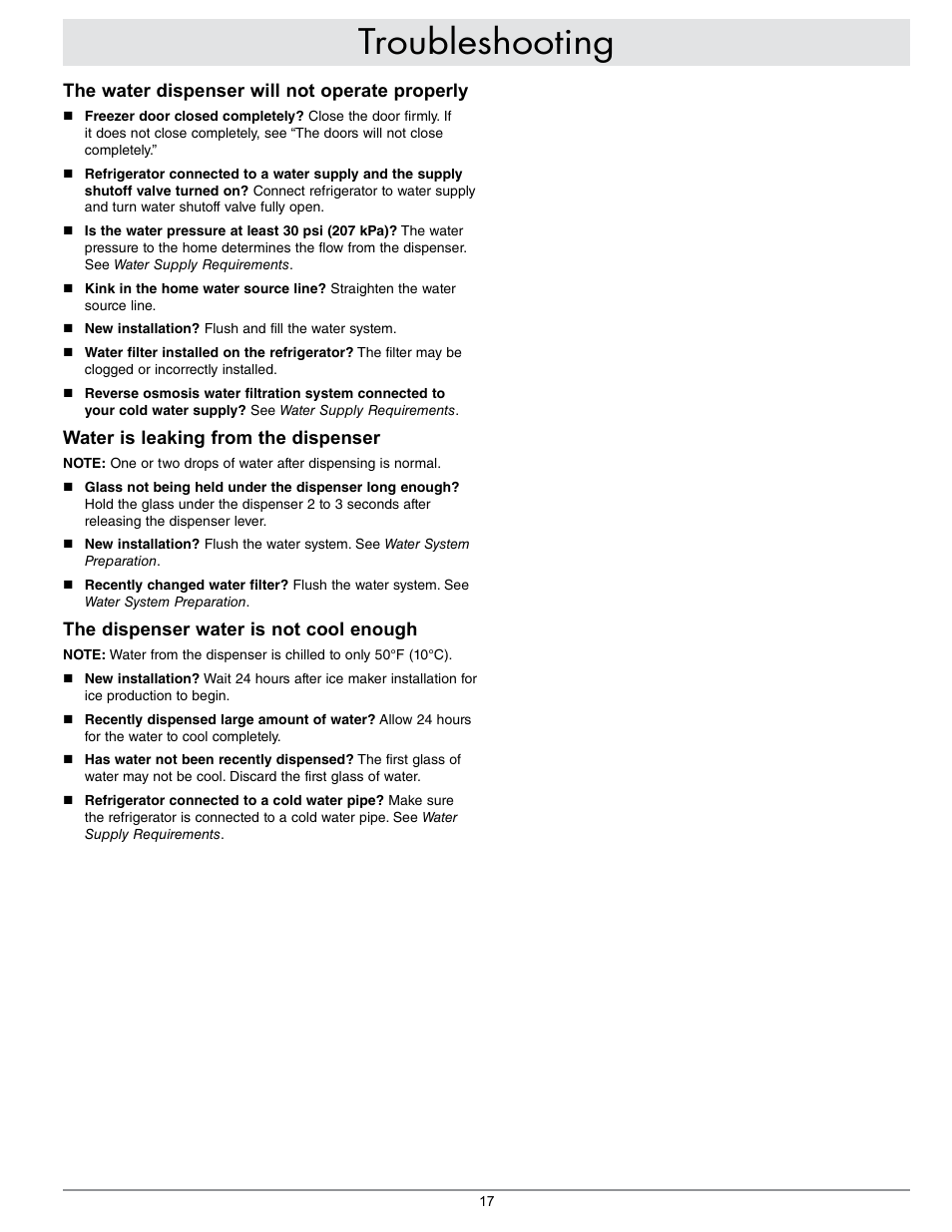 Troubleshooting, The water dispenser will not operate properly, Water is leaking from the dispenser | The dispenser water is not cool enough | Dacor EF42NBSS User Manual | Page 19 / 24