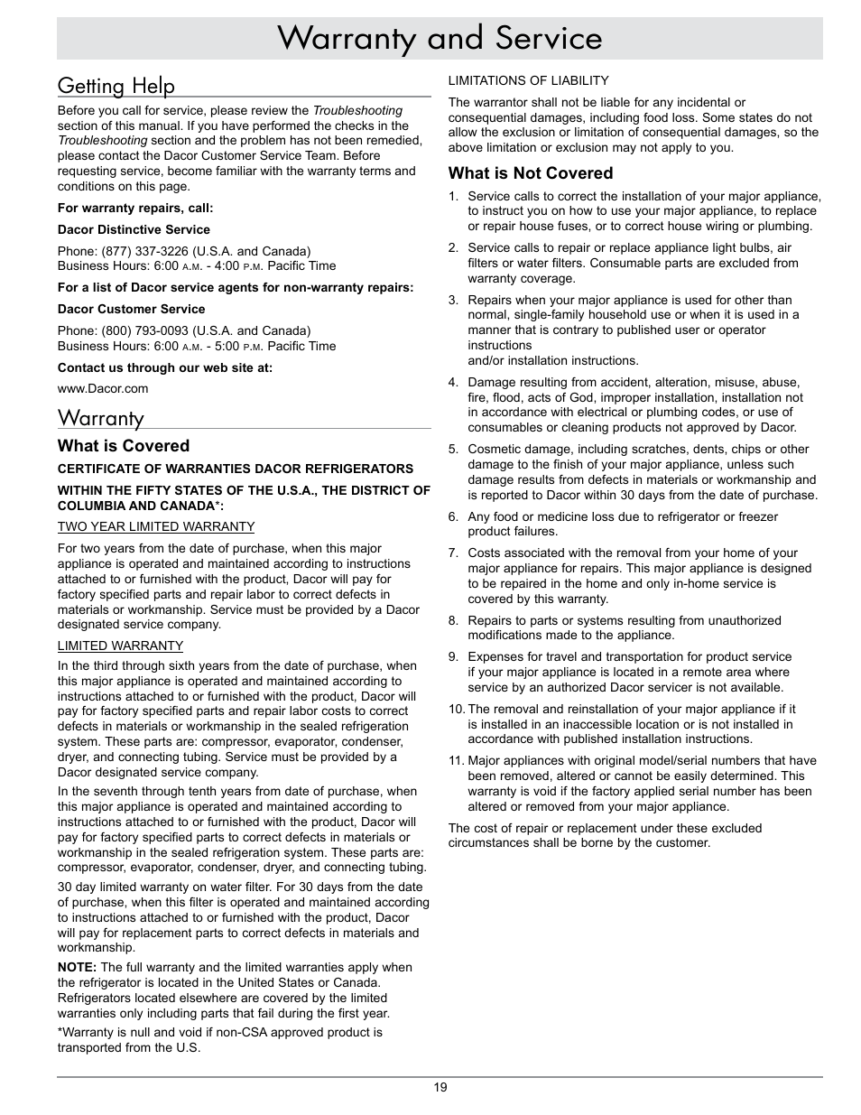 Warranty and service, Getting help, Warranty | What is covered, What is not covered | Dacor EF42NBSS User Manual | Page 21 / 24