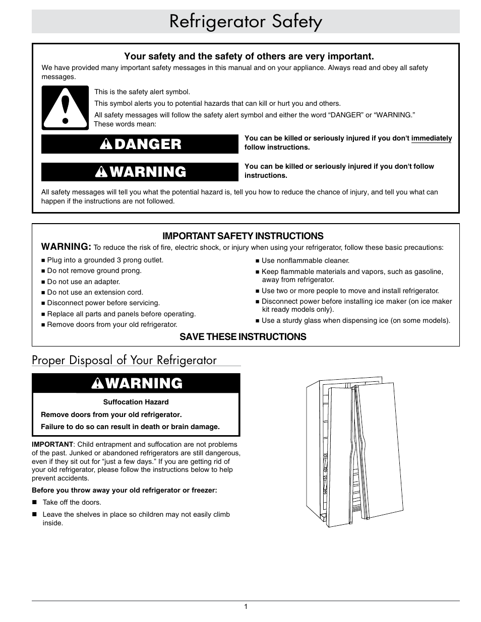 Refrigerator safety, Danger warning warning, Proper disposal of your refrigerator | Dacor EF42NBSS User Manual | Page 3 / 24