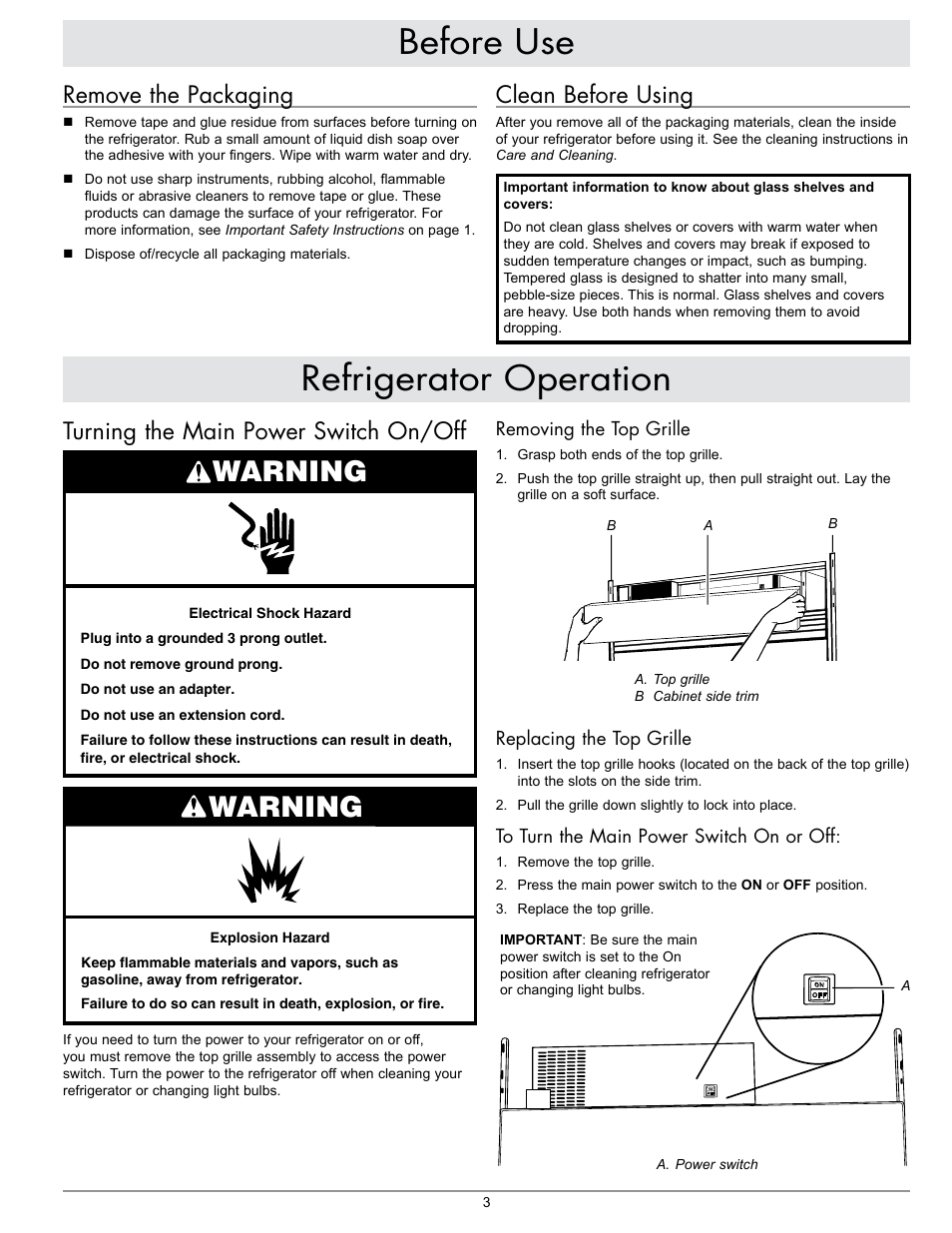 Before use refrigerator operation, Warning, Clean before using | Turning the main power switch on/off, Remove the packaging | Dacor EF42NBSS User Manual | Page 5 / 24