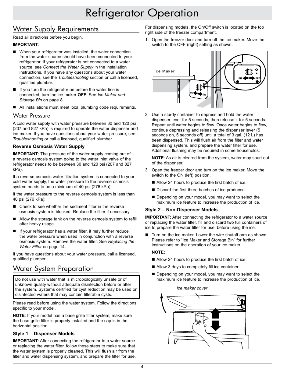 Refrigerator operation, Water supply requirements, Water system preparation | Water pressure | Dacor EF42NBSS User Manual | Page 6 / 24