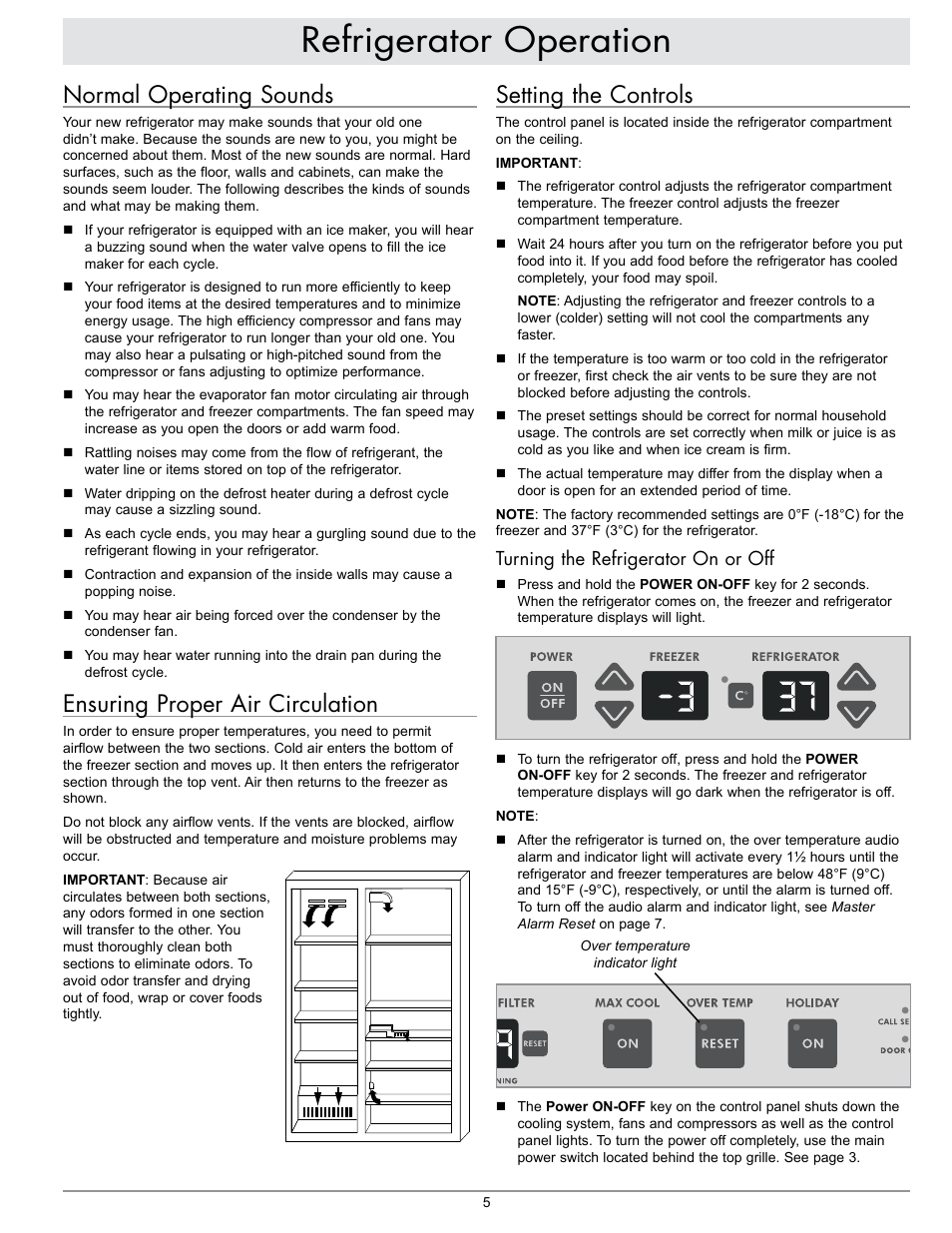 Refrigerator operation, Normal operating sounds, Ensuring proper air circulation | Setting the controls, Turning the refrigerator on or off | Dacor EF42NBSS User Manual | Page 7 / 24