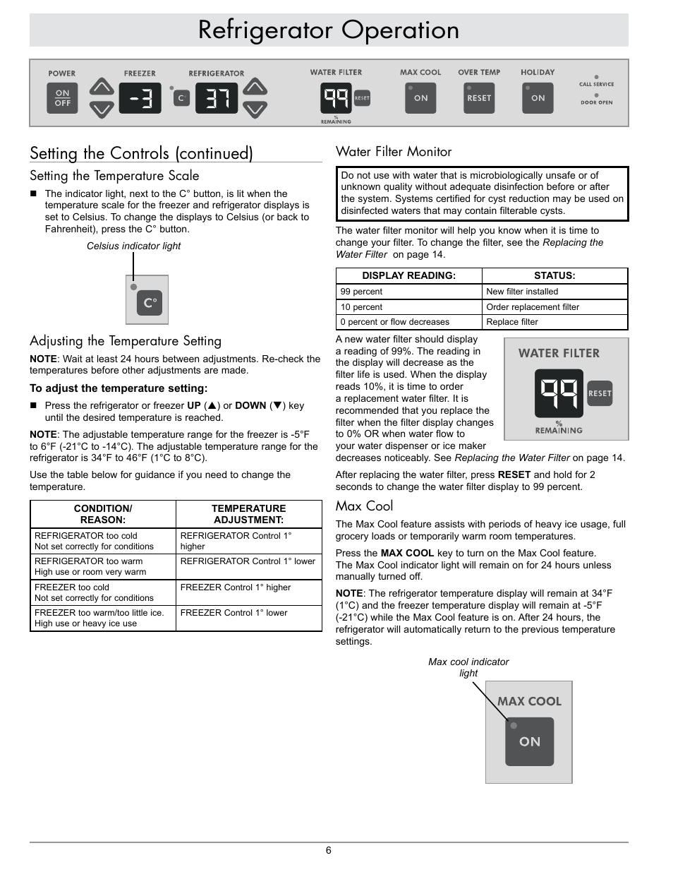 Refrigerator operation, Setting the controls (continued), Water filter monitor | Max cool, Setting the temperature scale, Adjusting the temperature setting | Dacor EF42NBSS User Manual | Page 8 / 24