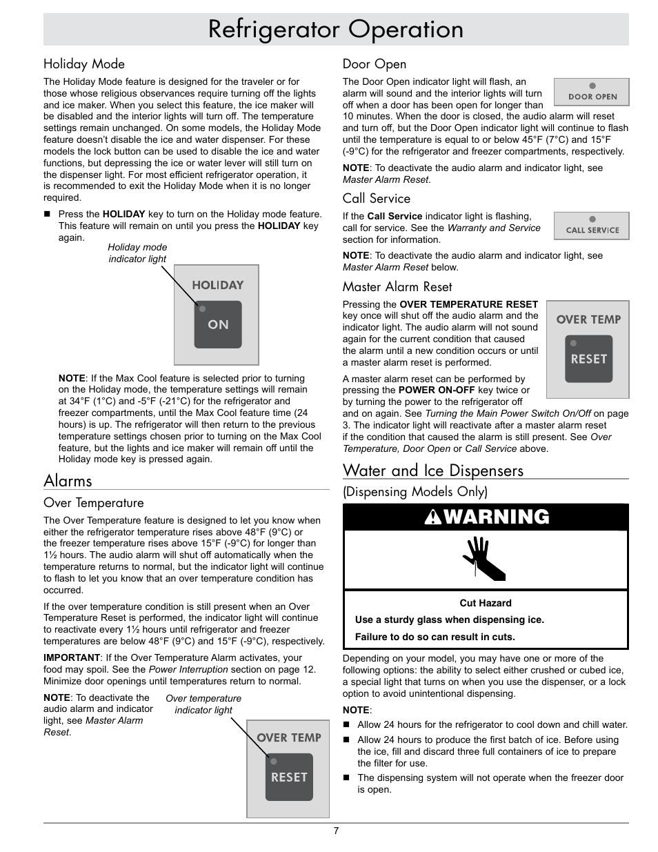 Refrigerator operation, Warning, Water and ice dispensers | Alarms | Dacor EF42NBSS User Manual | Page 9 / 24