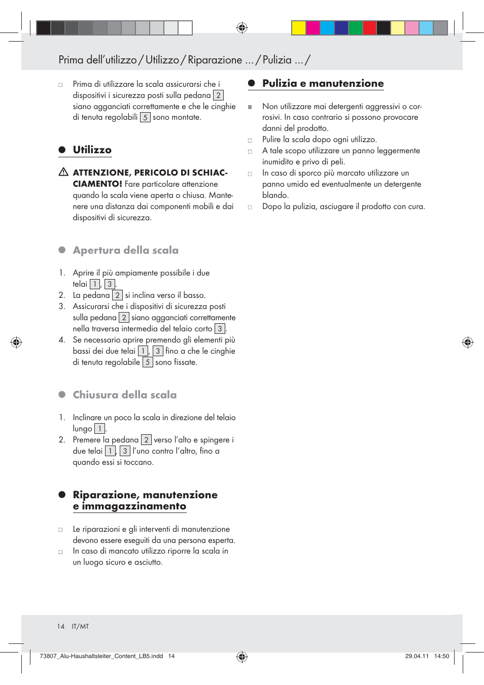 Utilizzo, Apertura della scala, Chiusura della scala | Riparazione, manutenzione e immagazzinamento, Pulizia e manutenzione | Powerfix Z29950 User Manual | Page 14 / 31