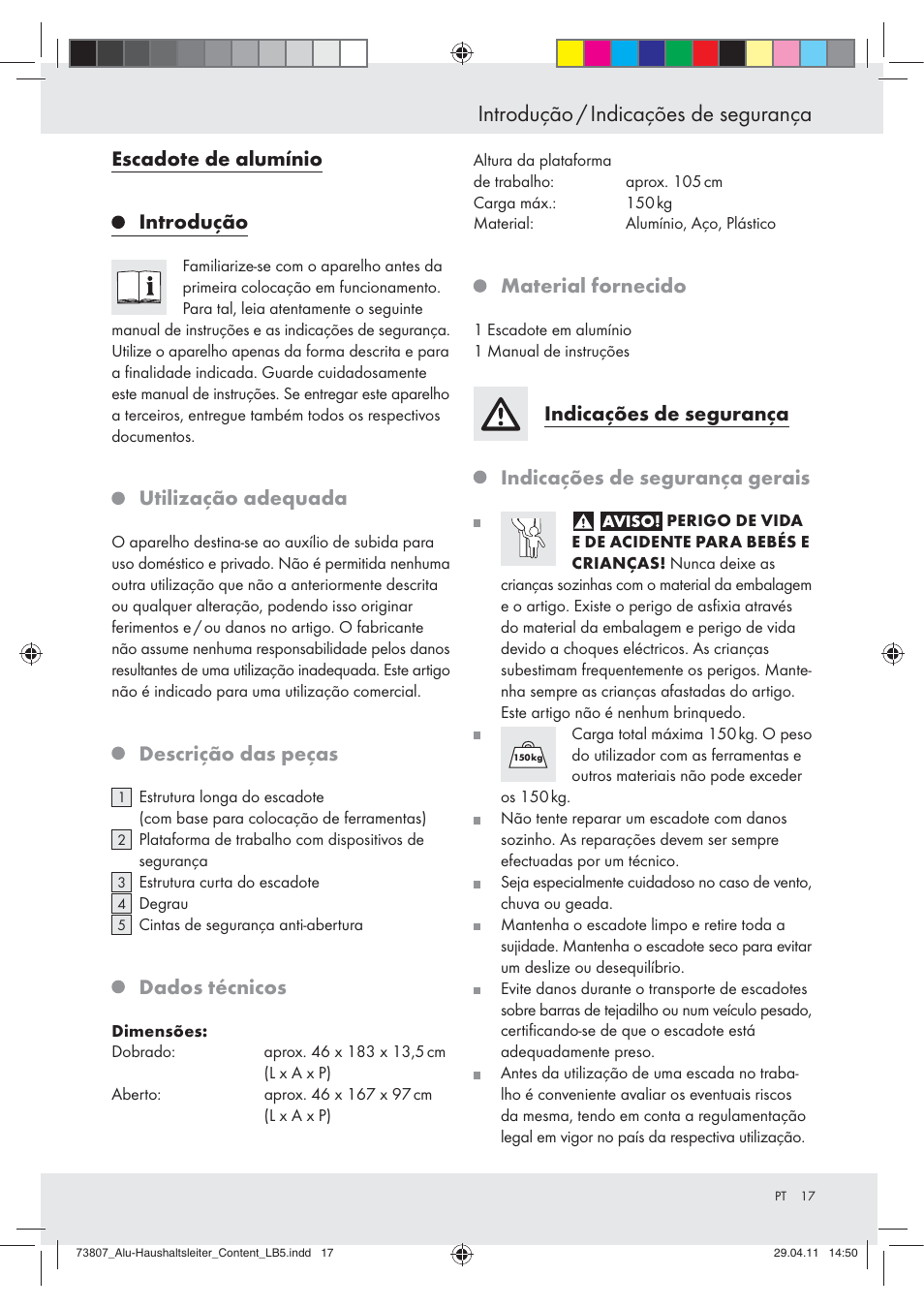 Introdução / indicações de segurança, Escadote de alumínio, Introdução | Utilização adequada, Descrição das peças, Dados técnicos, Material fornecido, Indicações de segurança, Indicações de segurança gerais | Powerfix Z29950 User Manual | Page 17 / 31