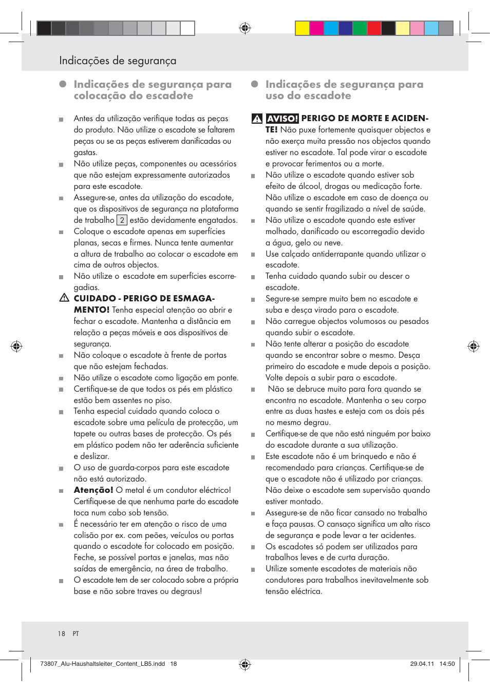 Indicações de segurança, Indicações de segurança para colocação do escadote, Indicações de segurança para uso do escadote | Powerfix Z29950 User Manual | Page 18 / 31