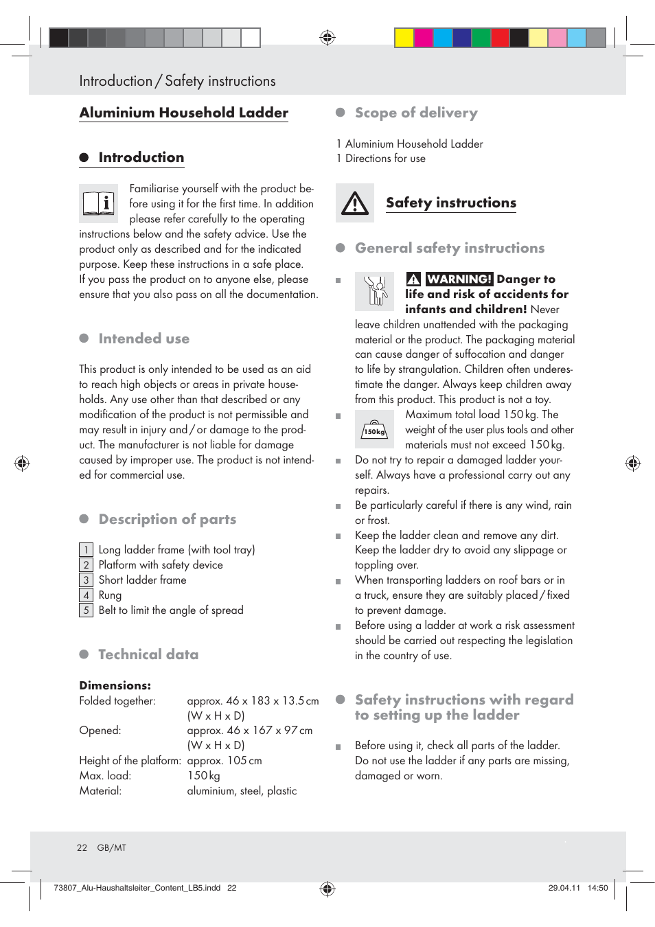 Introduction / safety instructions, Aluminium household ladder introduction, Intended use | Description of parts, Technical data, Scope of delivery, Safety instructions general safety instructions | Powerfix Z29950 User Manual | Page 22 / 31