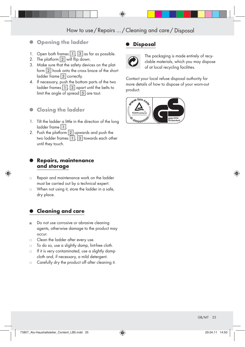 Opening the ladder, Closing the ladder, Repairs, maintenance and storage | Cleaning and care, Disposal | Powerfix Z29950 User Manual | Page 25 / 31