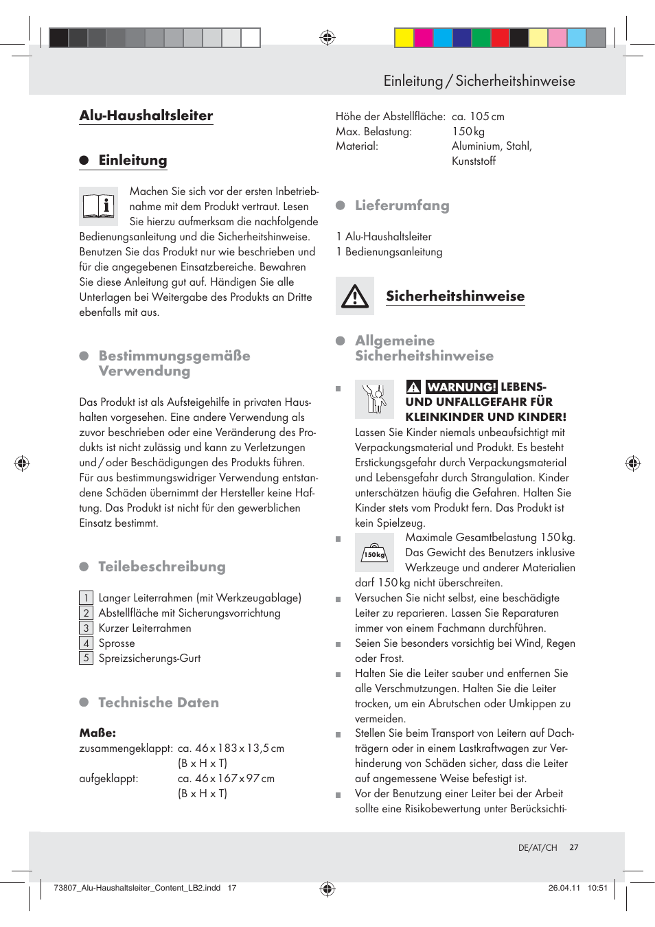 Einleitung / sicherheitshinweise, Alu-haushaltsleiter, Einleitung | Bestimmungsgemäße verwendung, Teilebeschreibung, Technische daten, Lieferumfang, Sicherheitshinweise, Allgemeine sicherheitshinweise | Powerfix Z29950 User Manual | Page 27 / 31