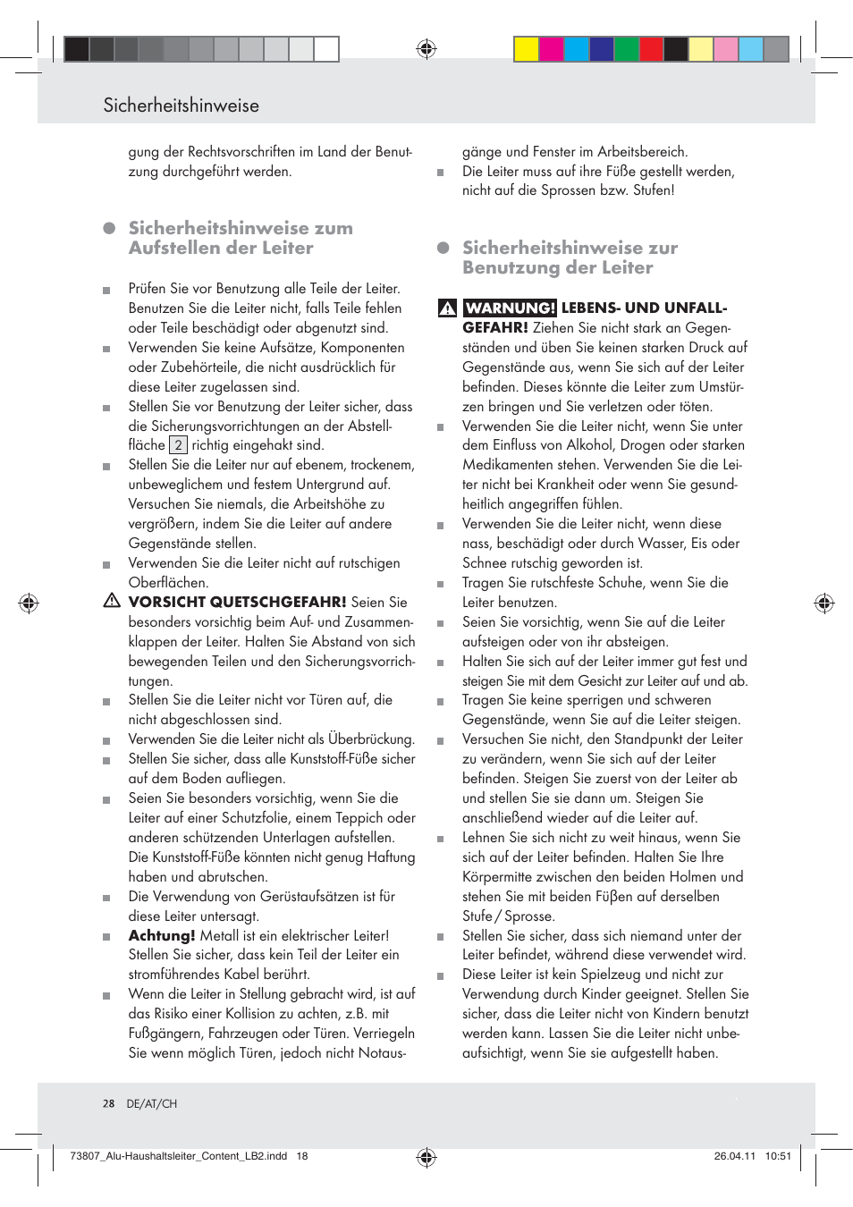 Sicherheitshinweise, Sicherheitshinweise zum aufstellen der leiter, Sicherheitshinweise zur benutzung der leiter | Powerfix Z29950 User Manual | Page 28 / 31