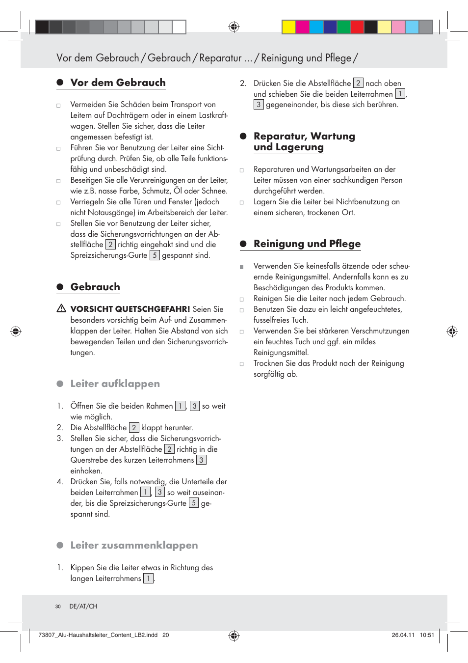 Vor dem gebrauch, Gebrauch, Leiter aufklappen | Leiter zusammenklappen, Reparatur, wartung und lagerung, Reinigung und pﬂege | Powerfix Z29950 User Manual | Page 30 / 31
