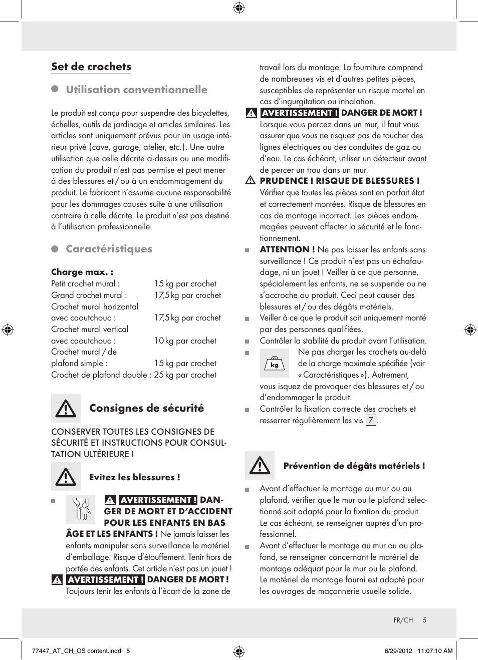 Set de crochets, Utilisation conventionnelle, Caractéristiques | Consignes de sécurité | Powerfix Z28431 User Manual | Page 5 / 14