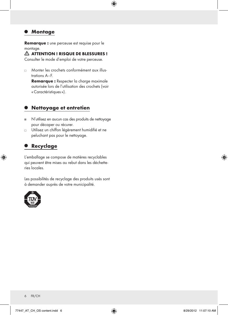 Montage, Nettoyage et entretien, Recyclage | Powerfix Z28431 User Manual | Page 6 / 14