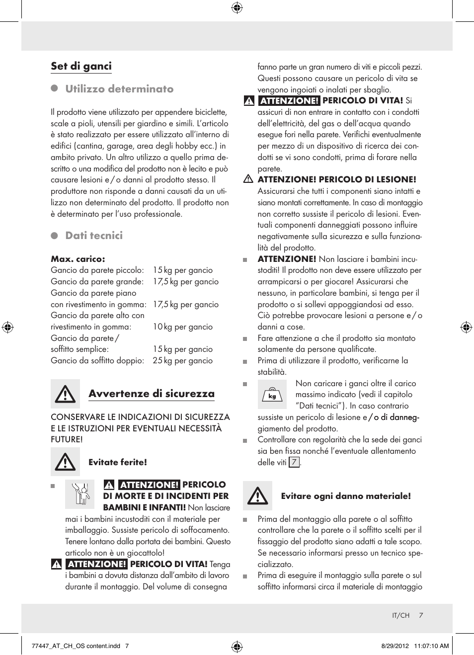 Set di ganci, Utilizzo determinato, Dati tecnici | Avvertenze di sicurezza | Powerfix Z28431 User Manual | Page 7 / 14