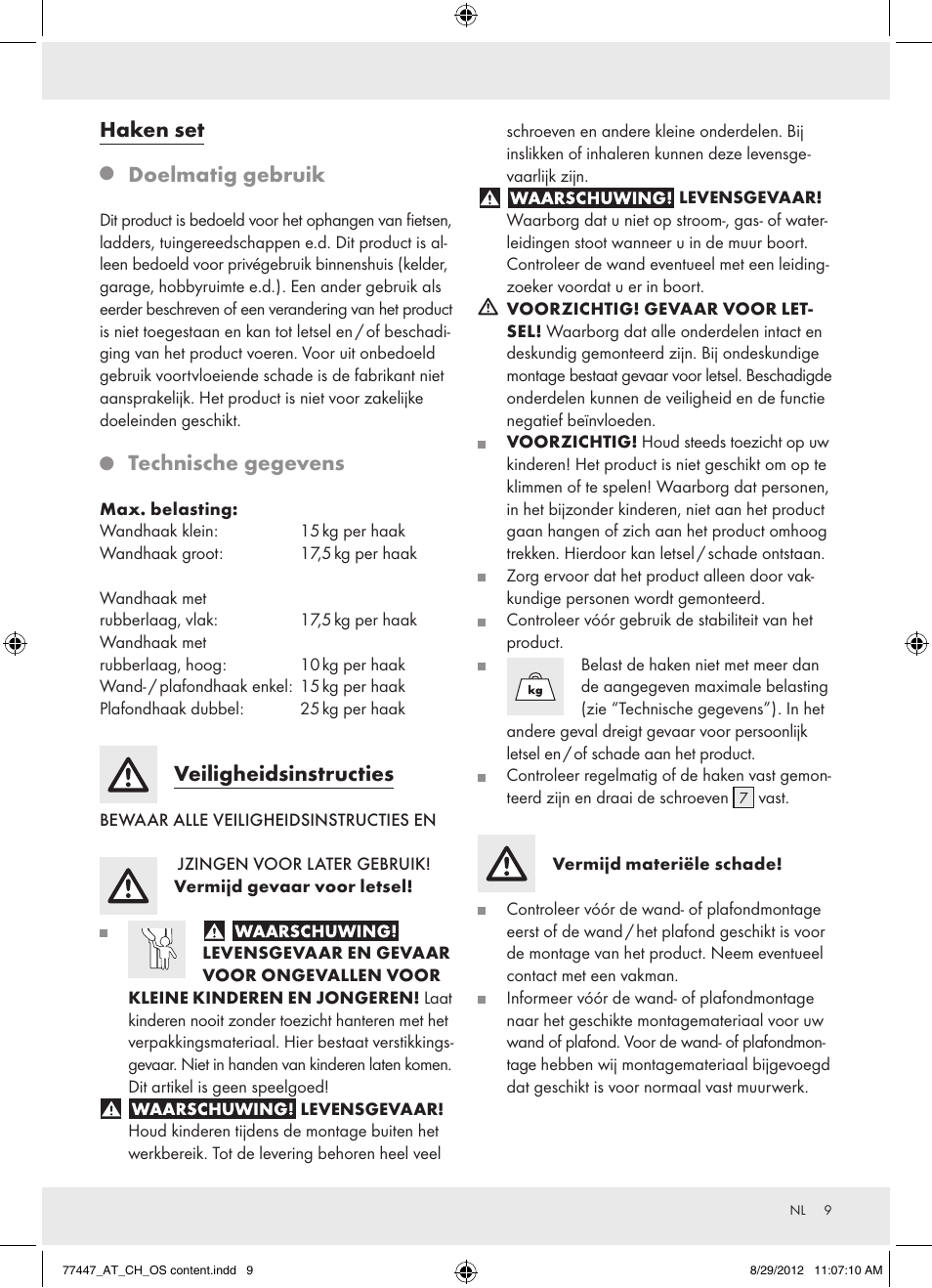 Haken set, Doelmatig gebruik, Technische gegevens | Veiligheidsinstructies | Powerfix Z28431 User Manual | Page 9 / 14