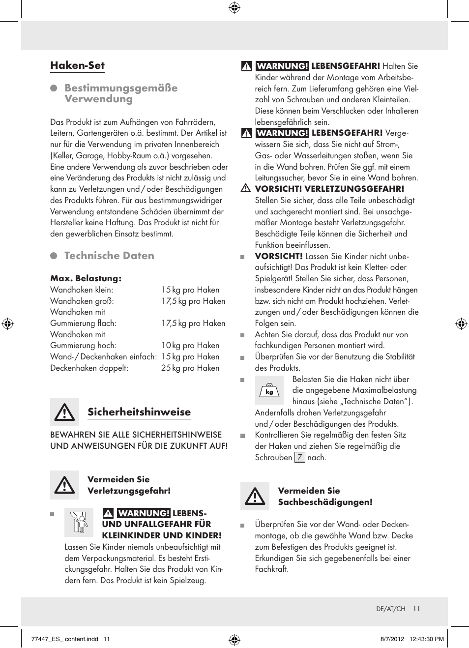 Haken-set bestimmungsgemäße verwendung, Technische daten, Sicherheitshinweise | Powerfix Z28431 User Manual | Page 11 / 16